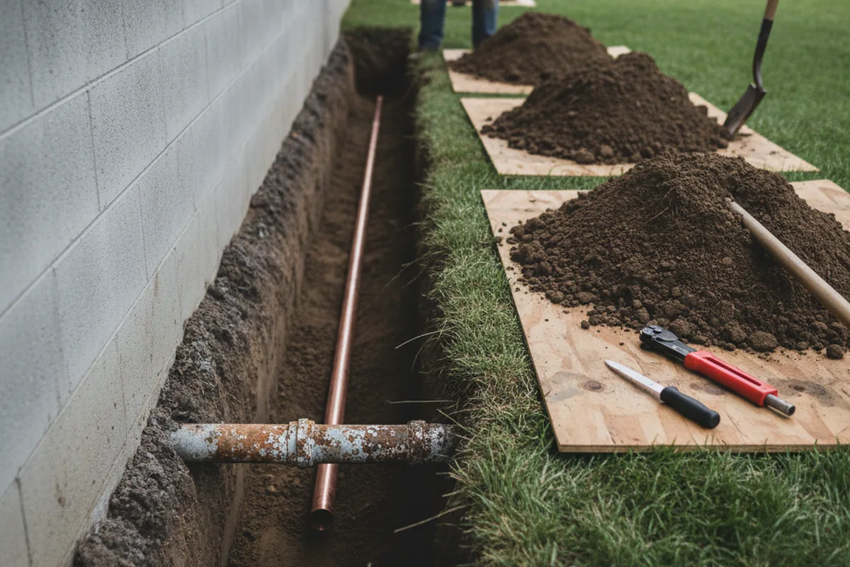 Excavated water line trench during Sewer Line Repair in Cresskill